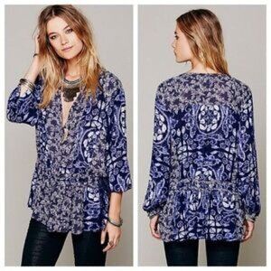 Free People Blue Indigo Ratio Long Sleeve Tunic XS